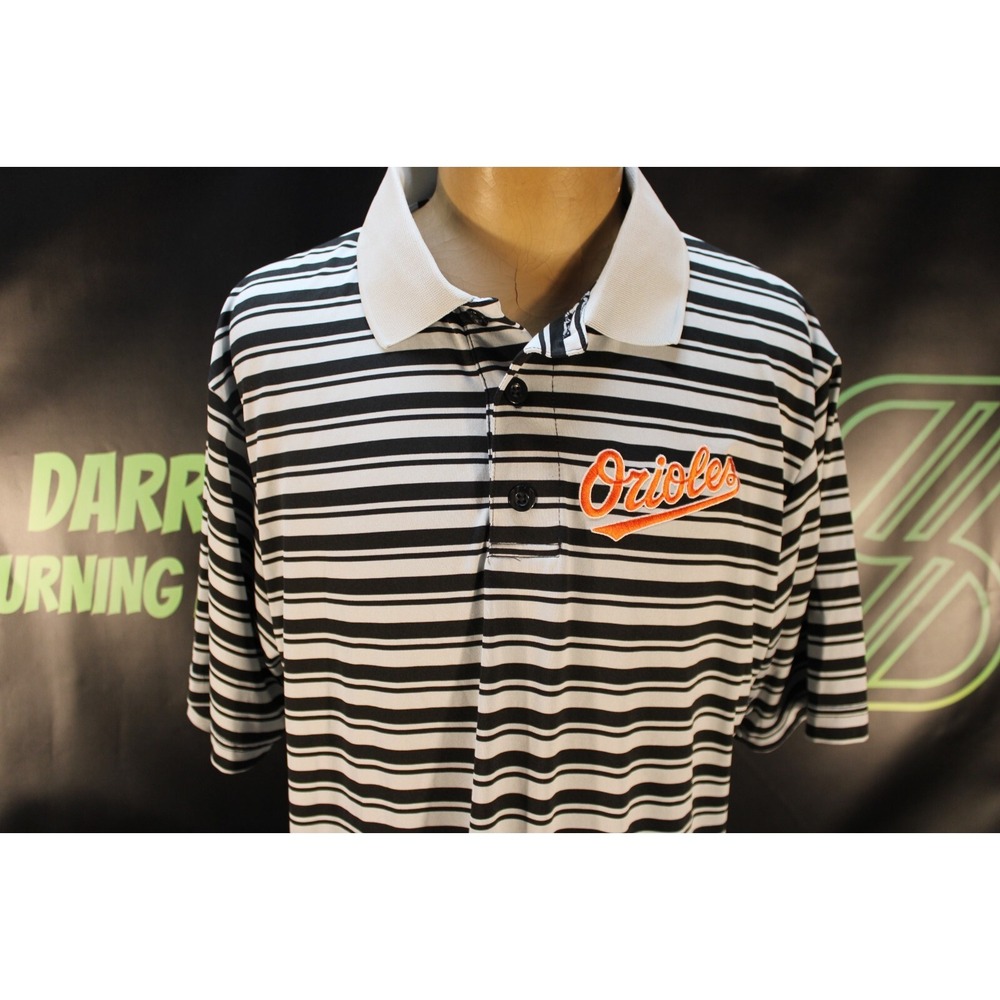 MLB Baltimore Orioles Black/Gray Striped Genuine Merchandise Polo TX3 Cool Lg